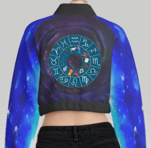 UPF50+ Women's Crop Bomber Jacket ZEBELLZ Design: Blue Galaxy Customized - Image 6