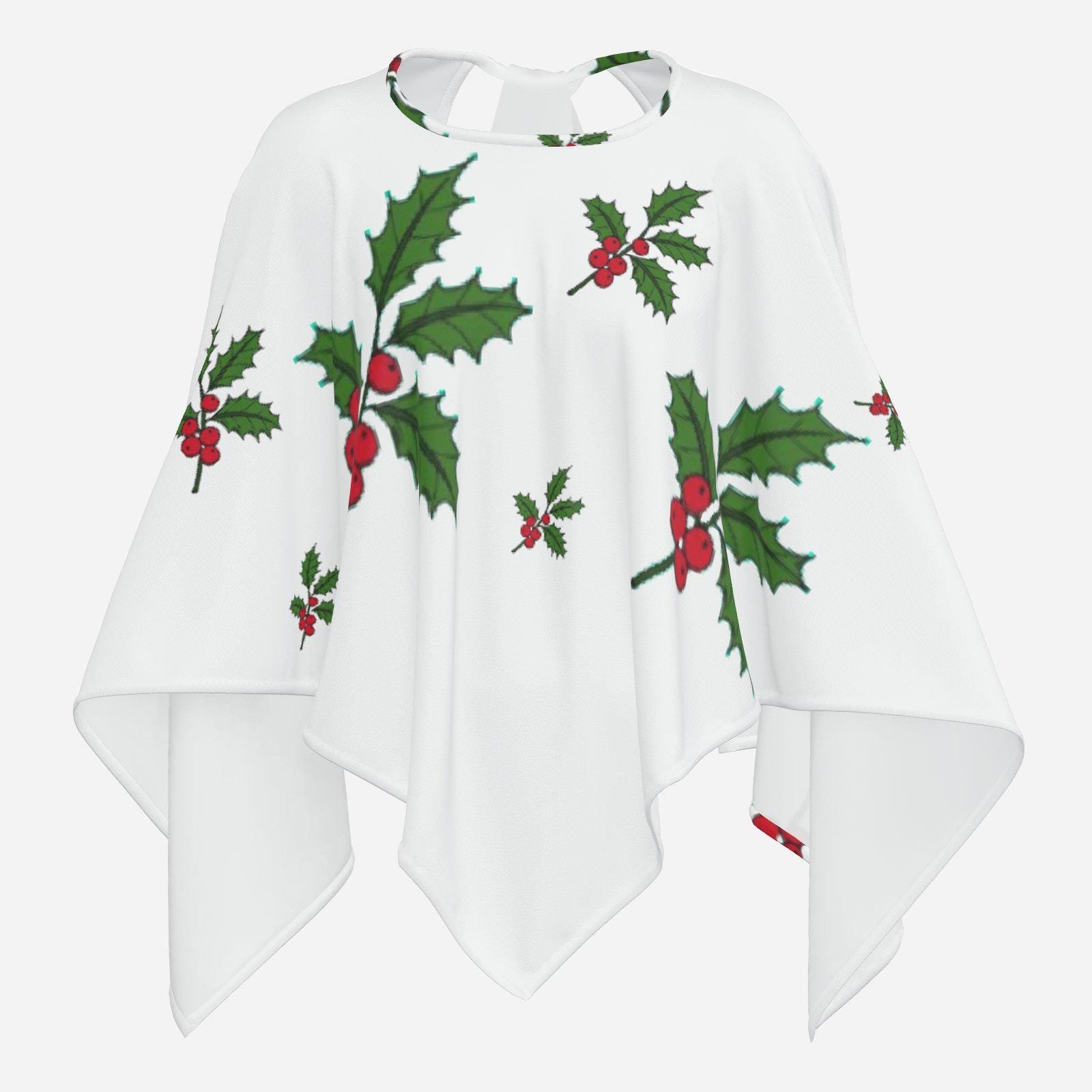 Poncho Cape | Shawl Wrap |Winter Cover Up |ZEBELLZ Collection: White Holly and Swirls 24 ? 20.8 Inch