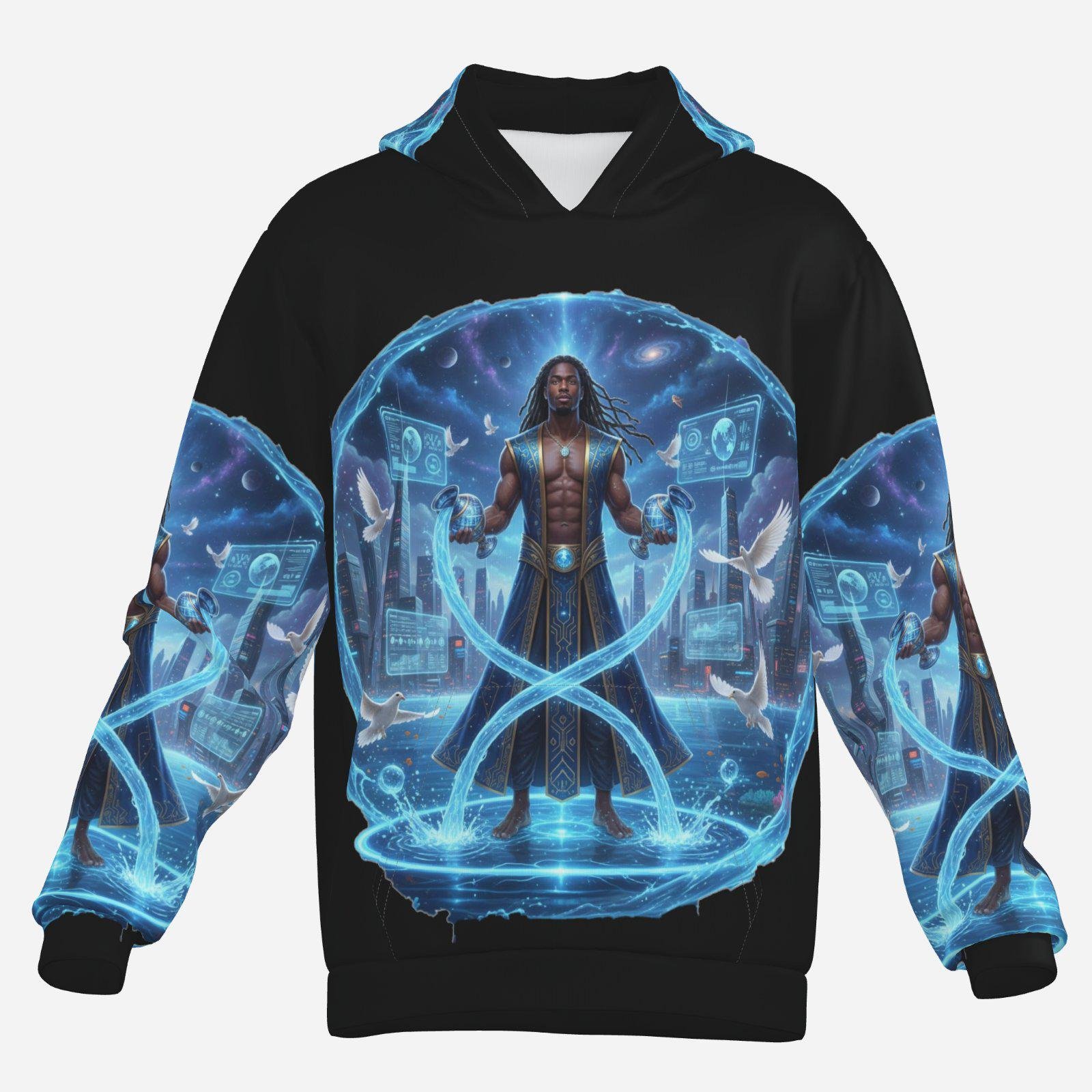 Men Hoodie | Afrocentric Aquarius Art | Thick Pullover | Zodiac Birthday Gift | The Zebellz Collection: AQUARIUS BLACK MAN - Image 6