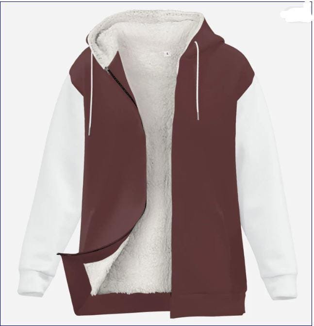 Thicken Fleece Full-Zip Hoodie Zebellz Design: White-Brown Split - Image 6